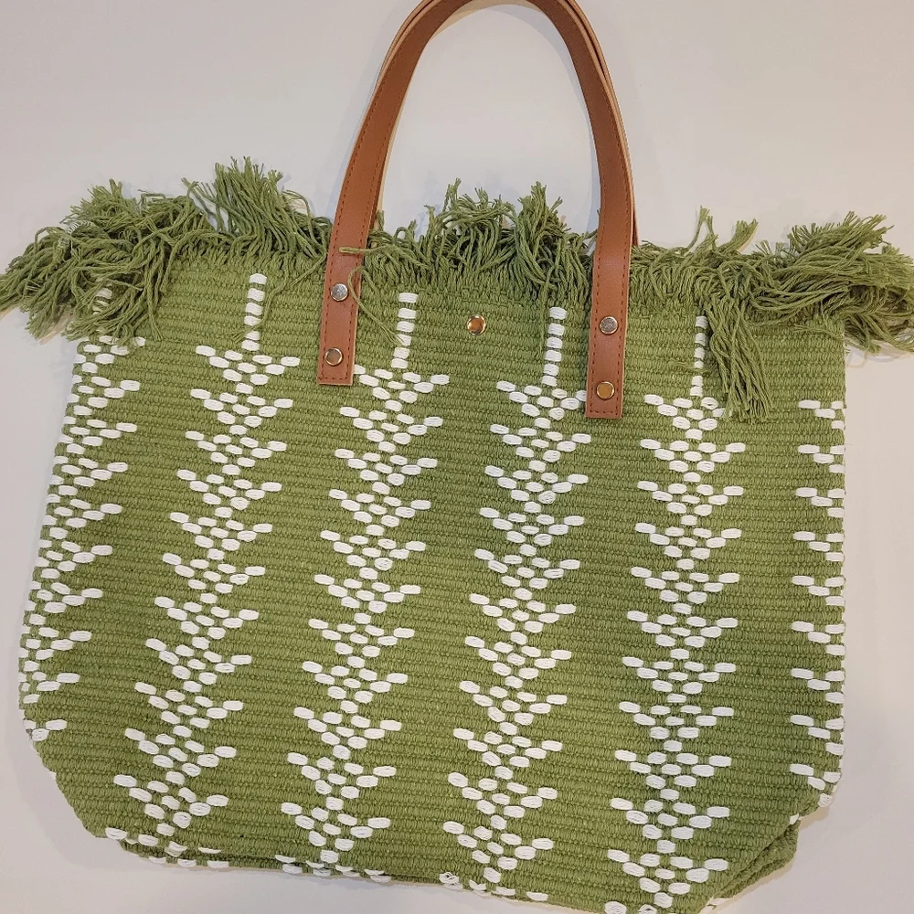 Green Fringe Woven Tote Bag with White Accent